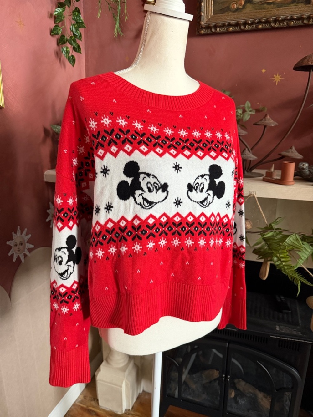 Red Fair Isle Disney Mickey Mouse Graphic Sweater
